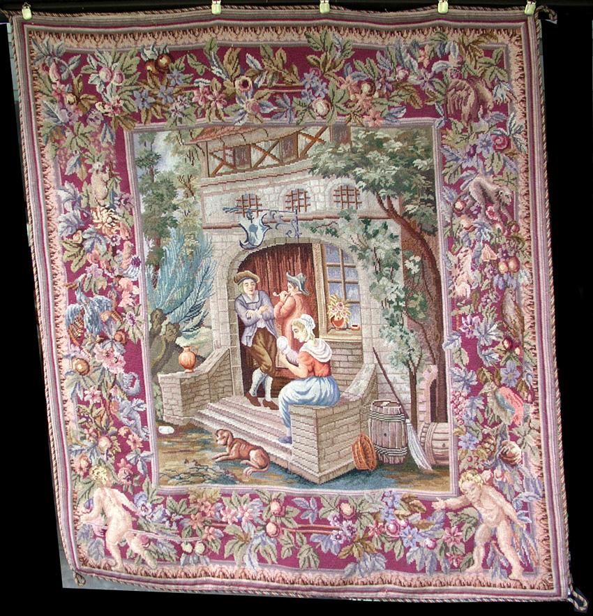19c Continental French Needlework Tapestry 52x58 Embroi